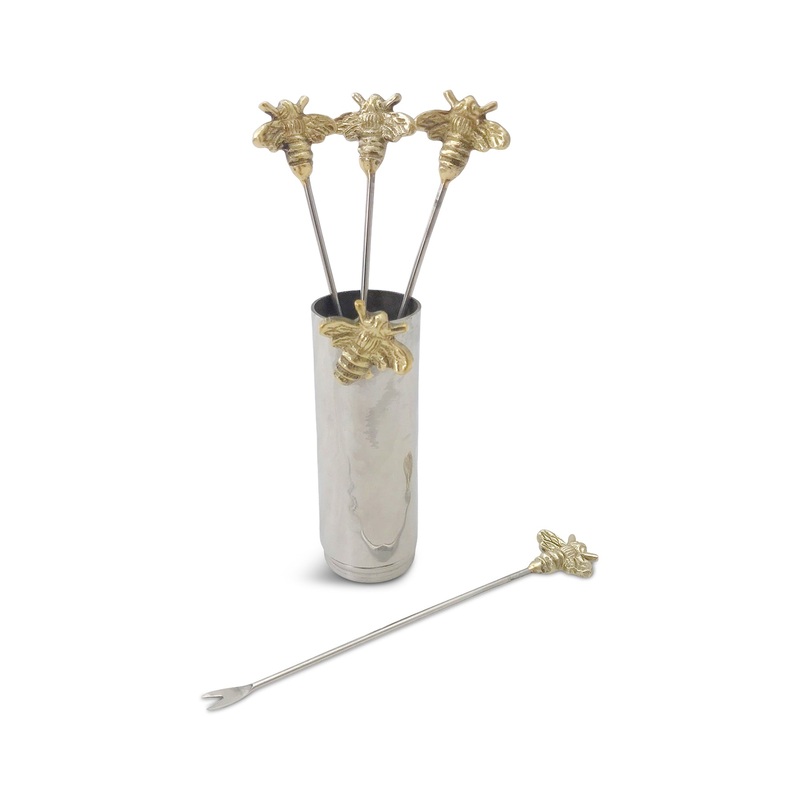 Set of Four Woodland Bee Olive Picks and Holder