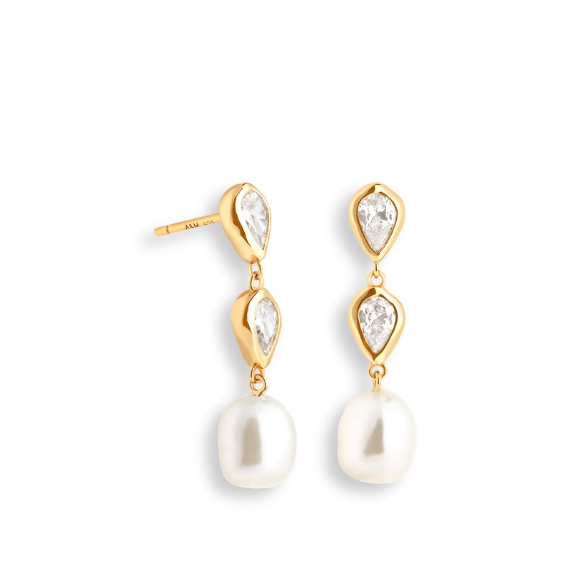 Gold Pear Bezel & Pearl Drop Earring Studs