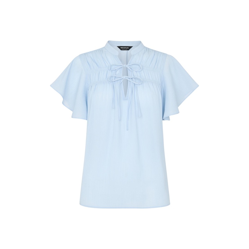 Pale Blue Frill Sleeve Tie Front Blouse