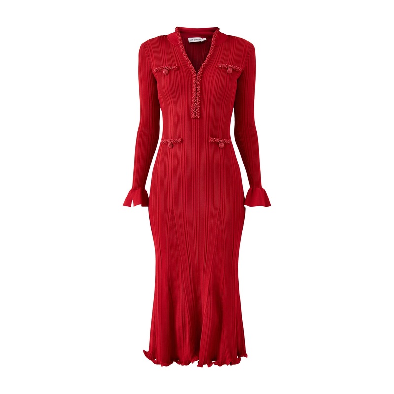 Red Pearl Trim Knit Midi Dress Red