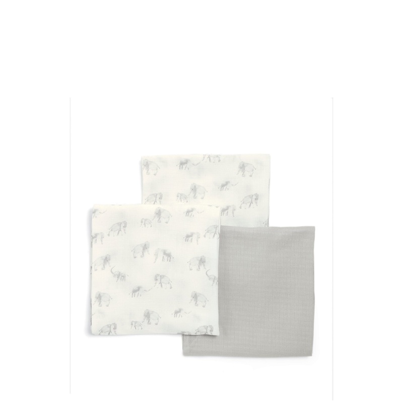 3Pk Muslin Squares Elephant White