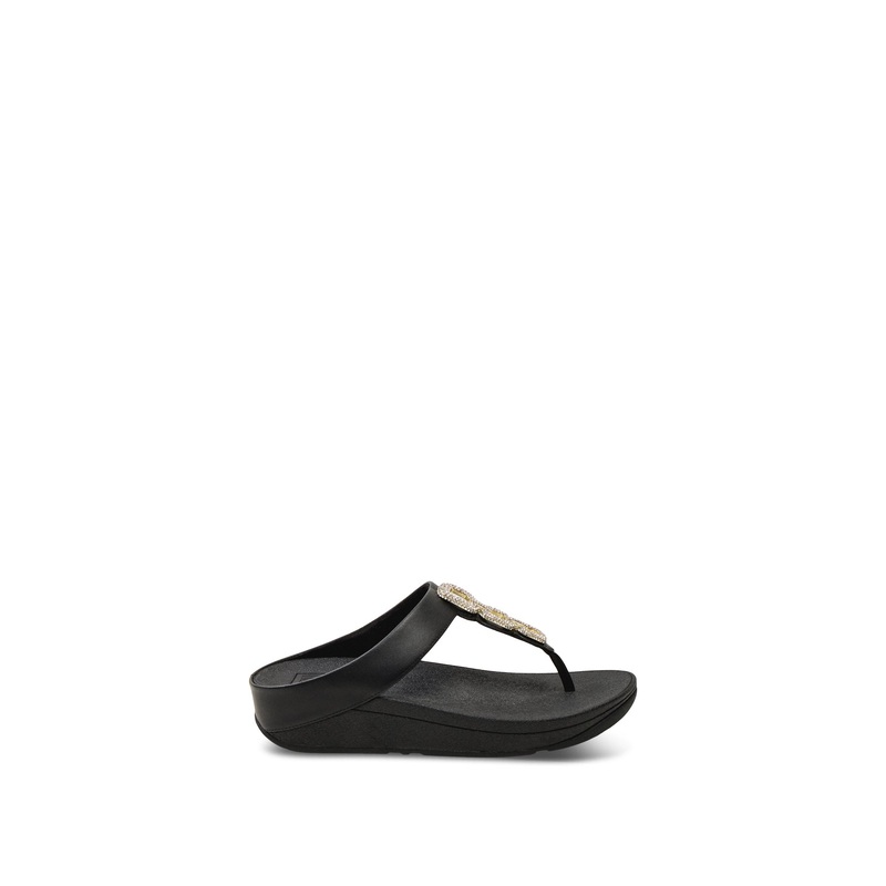 Fino Crystal-Chain Leather Toe-Post Sandals Black