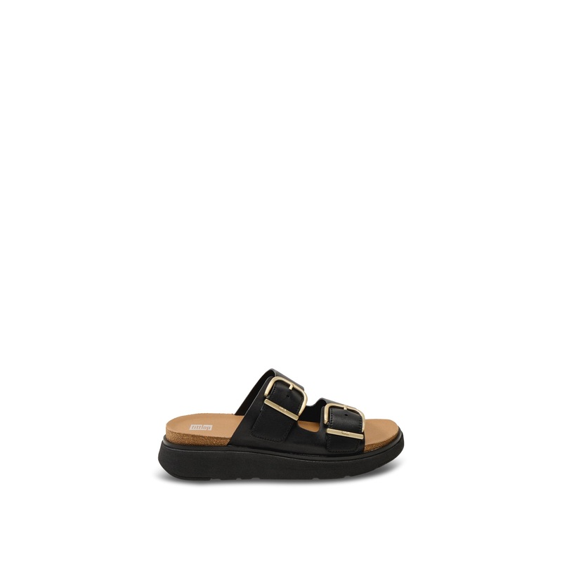 Gen-Ff Buckle Two-Bar Leather Slides Black