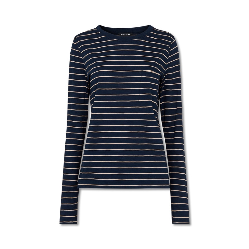 Navy/Multi Stripe Crew Neck Pocket Top