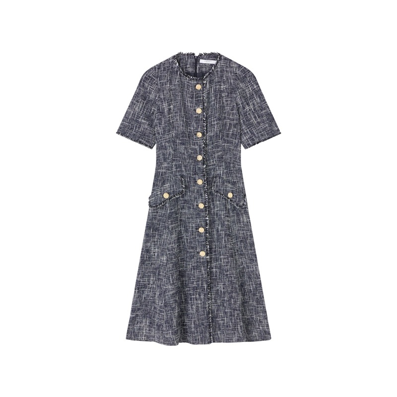 Suzie Indigo & Black & Cream Cotton Blend Tweed Button Through Dress