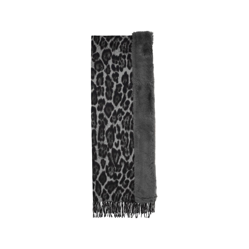 Leopard Scarf With Faux Fur Trim Grey