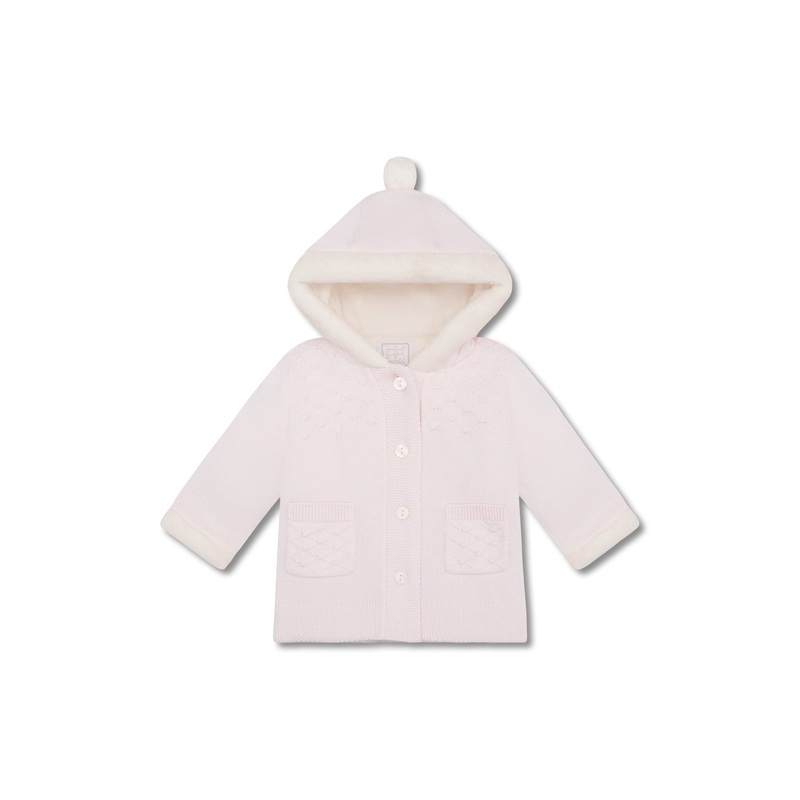 Pink Knitted Hooded Jacket With Fur Trim