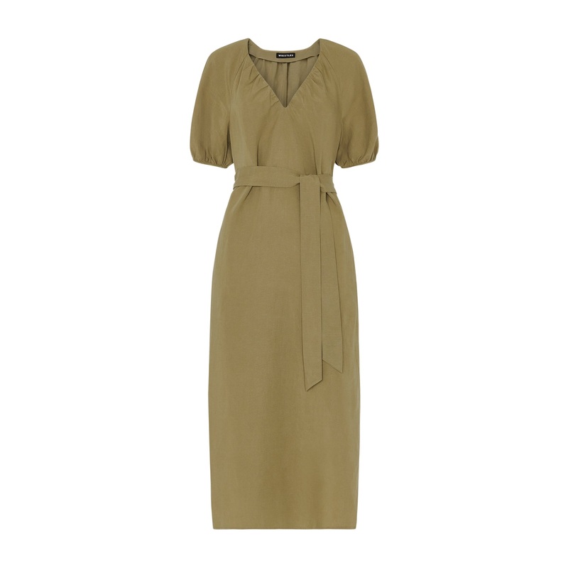 Khaki Ariella Linen Blend Midi Dress Khaki