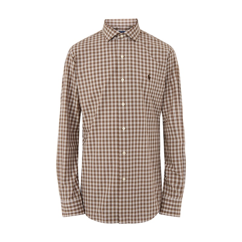 Custom Fit Stretch Poplin Check Shirt Brown