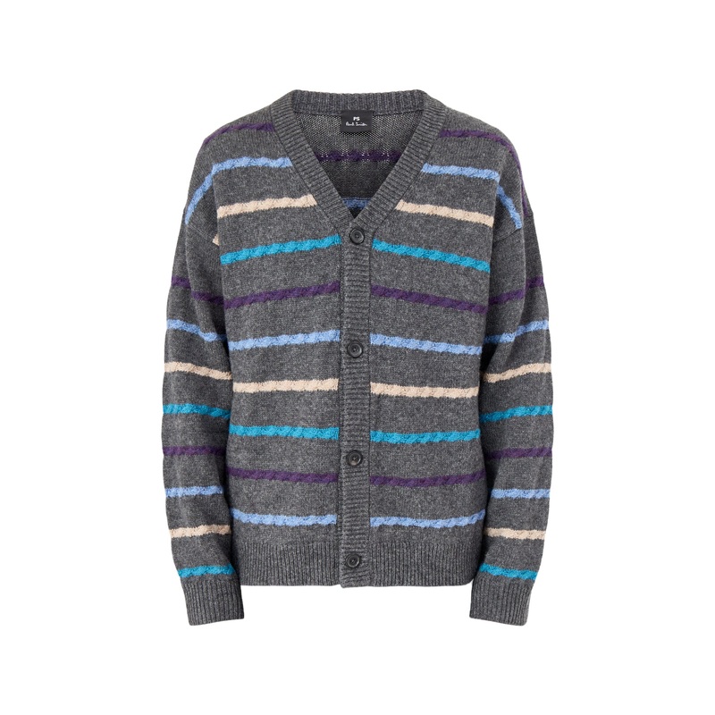Stripe Wool Cardigan Button Thru Black