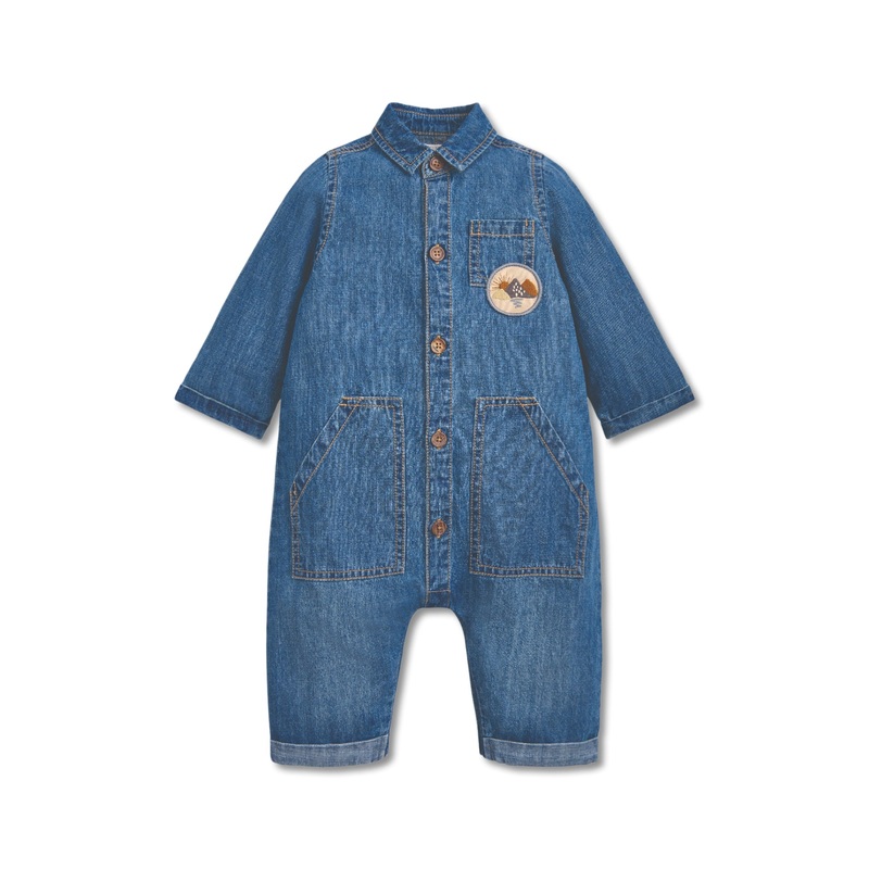 Blue Denim Boiler Suit With Woven Badge