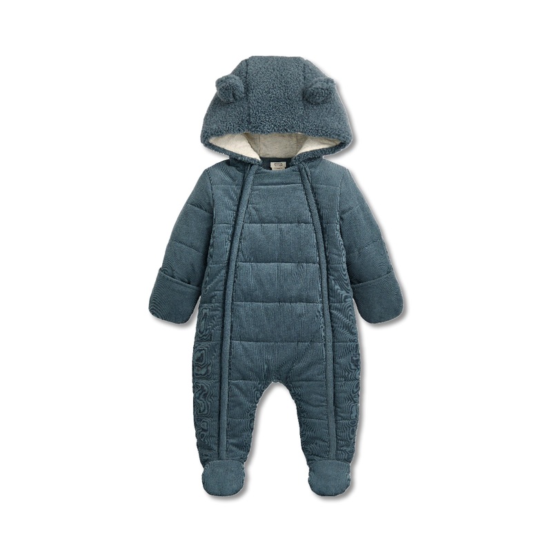 Blue Quilted Cord Pramsuit with Borg-Lined Hood