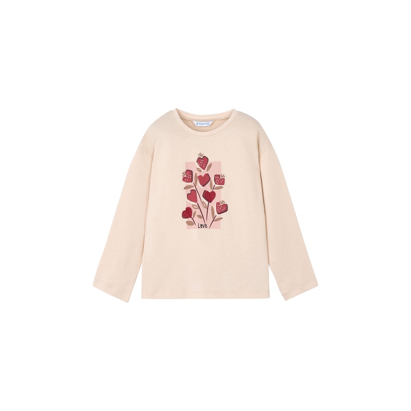 Flower Heart Long Cotton Sleeves T Shirt Almond