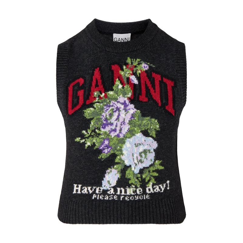 Graphic Wool Mix Flowers Vest Black