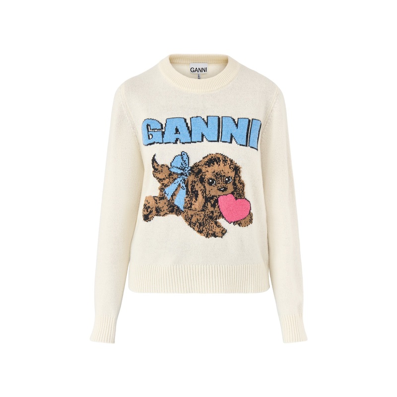 Graphic Wool Mix Fluffy Puppy Love Crewneck White