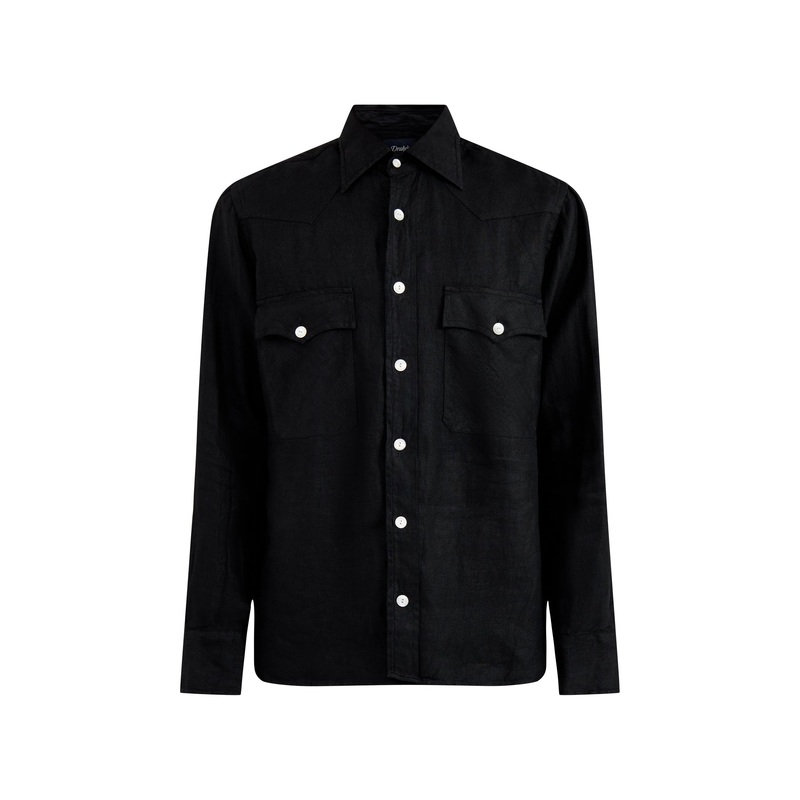 Linen Two-Pocket Twill Western Shirt Black