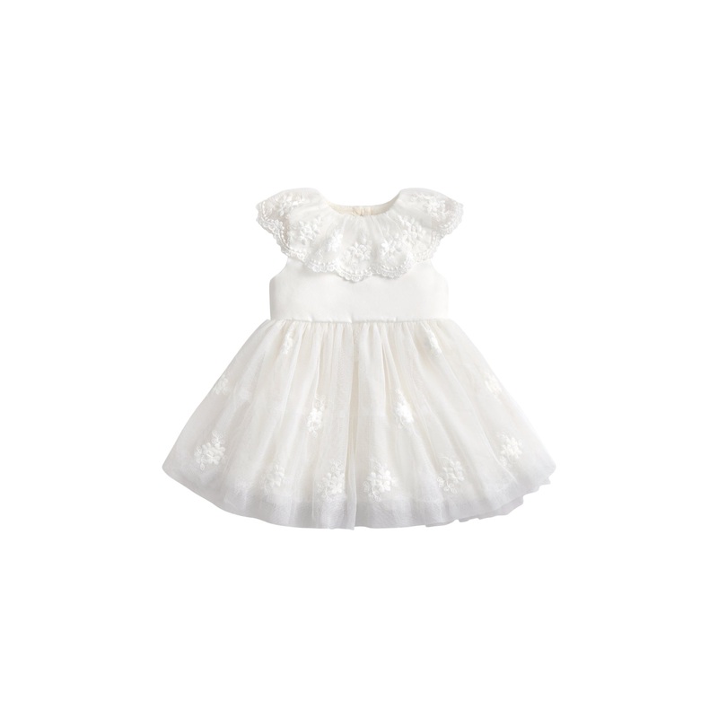 White Mesh Collar Flower Girl Dress With Embroidered Skirt