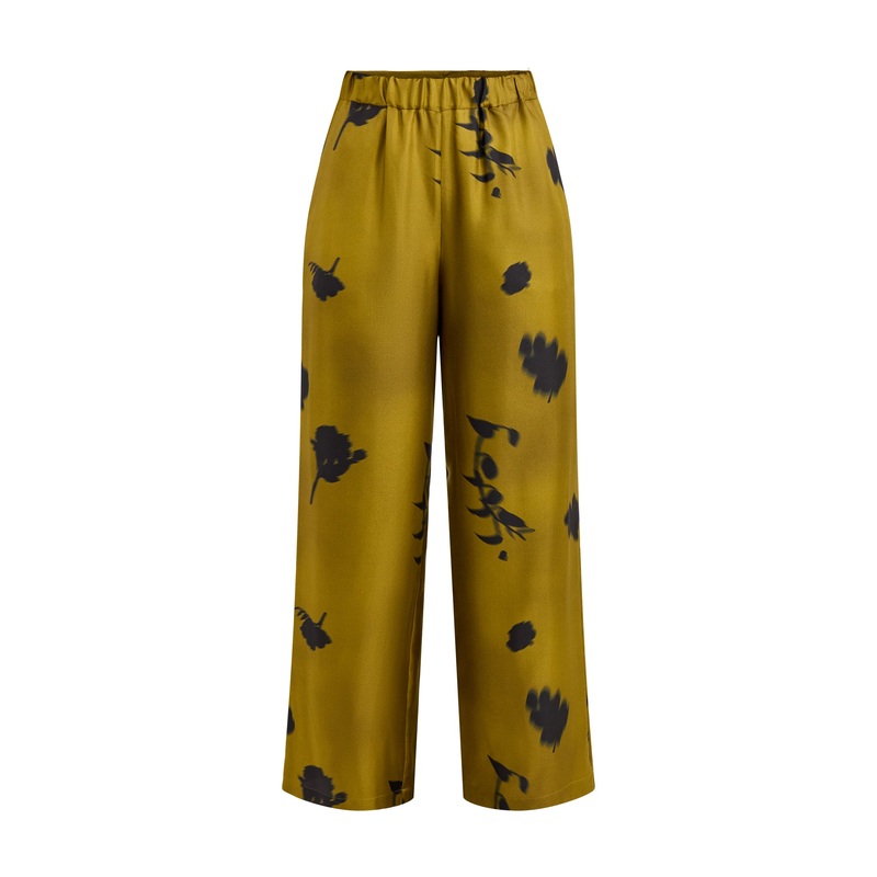 Helga Silk Printed Wide Leg Trouser Elastic Waist Olive Green