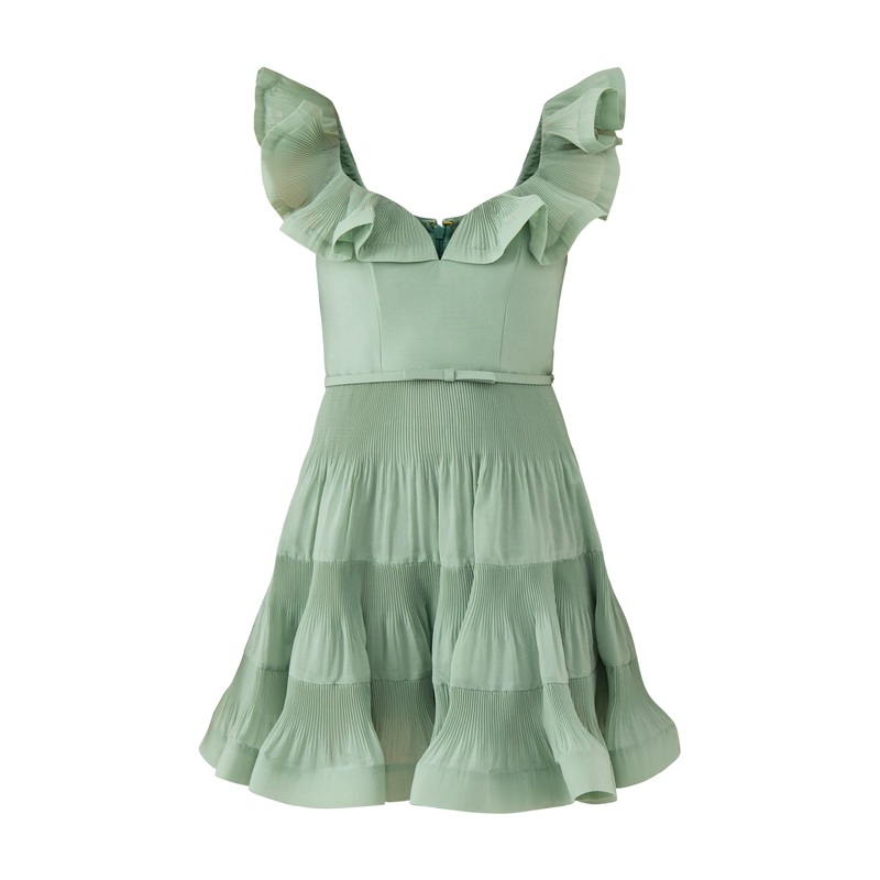 Pleated Frill Mini Dress Eucalyptus