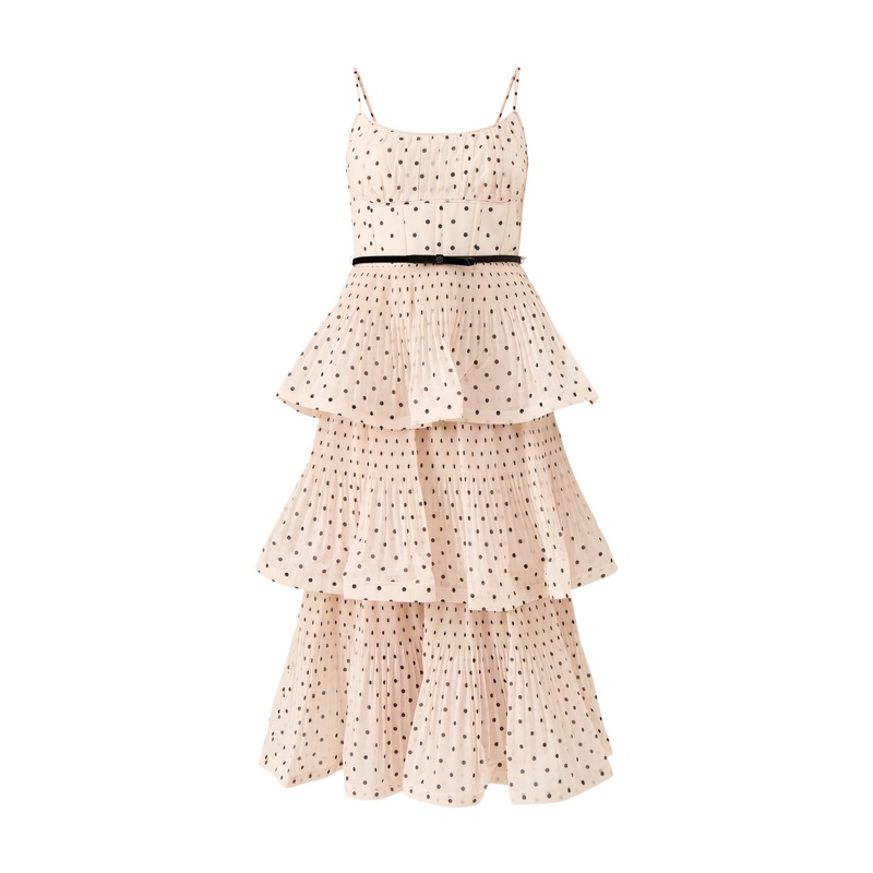 Pleated Tiered Midi Dress Cream Black Polka Dot