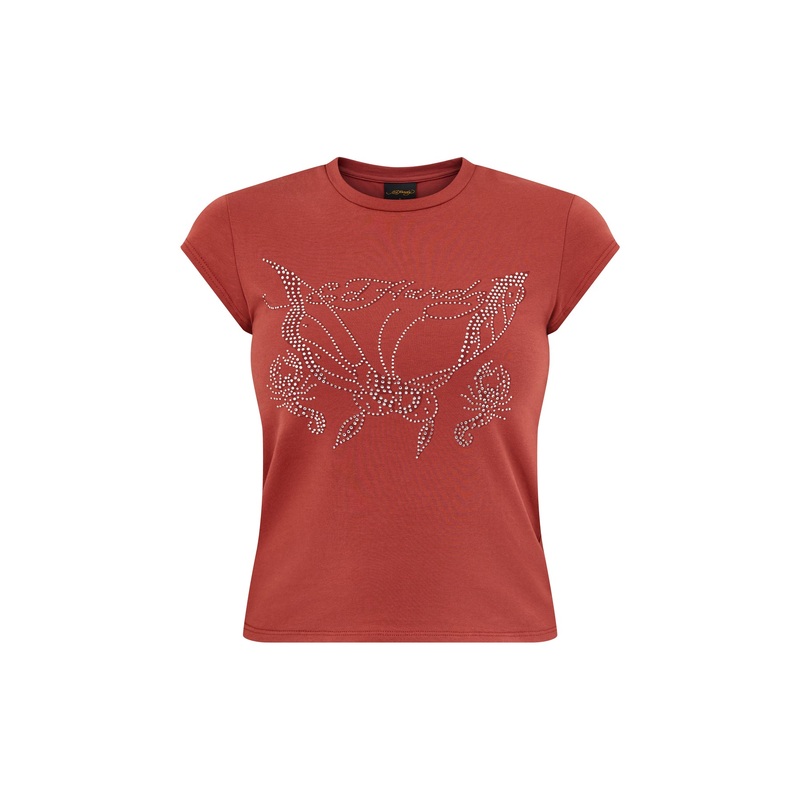 Butterfly Diamante Cap Sleeve T-Shirt Top Red