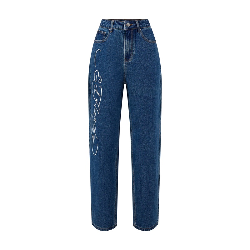 Crystal Roar Diamante Relaxed Denim Trousers Jeans Indigo