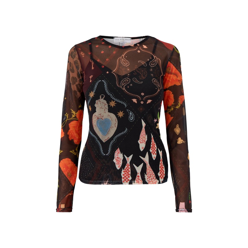 Night Garden Mesh Long Sleeve Top Black