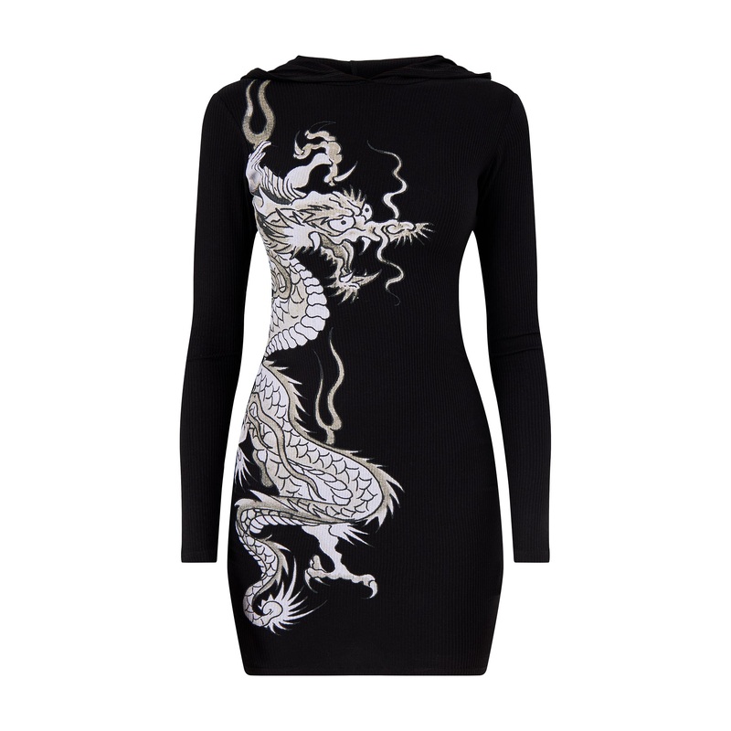 Red Dragon Hoodie Dress Black