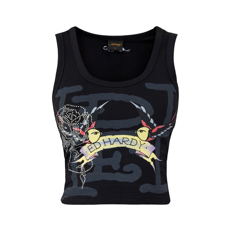 Swallows Scroll Diamante Vest Top Black