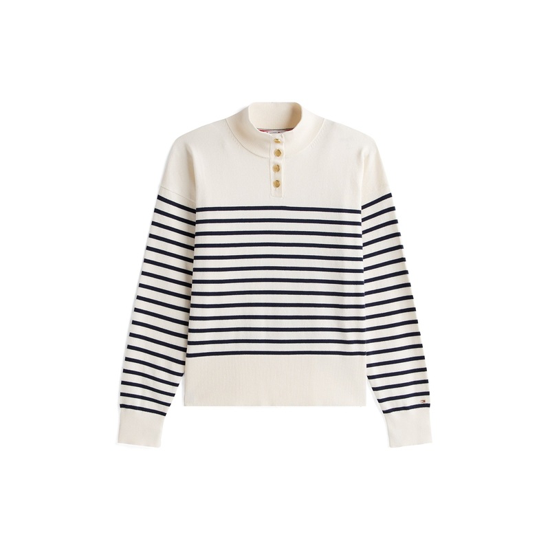 Stripe Gold-Tone Button Mock Neck Jumper