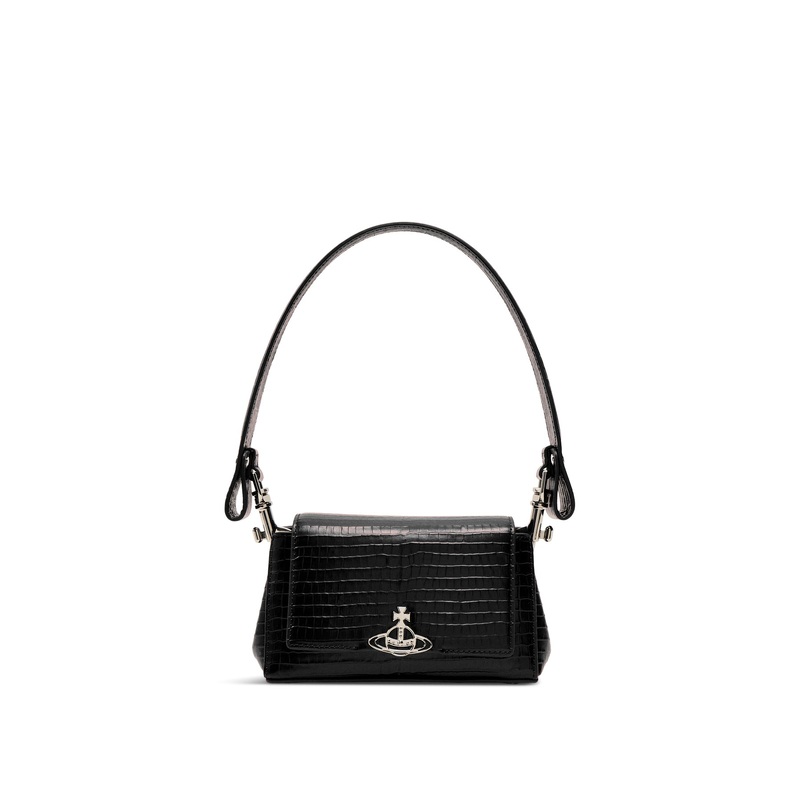 Hazel Mini Croc Embossed Medium Handbag Black
