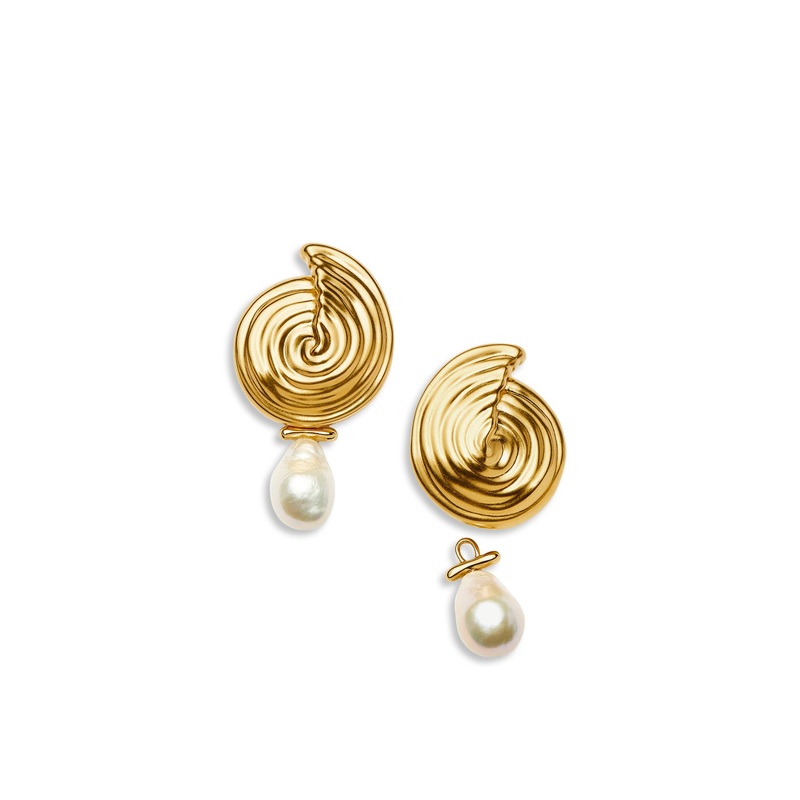 Spiral Pearl Large Drop Earrings Gold