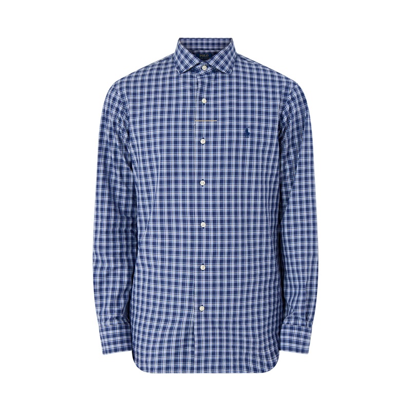 Custom Fit Stretch Poplin Check Shirt Navy Multi