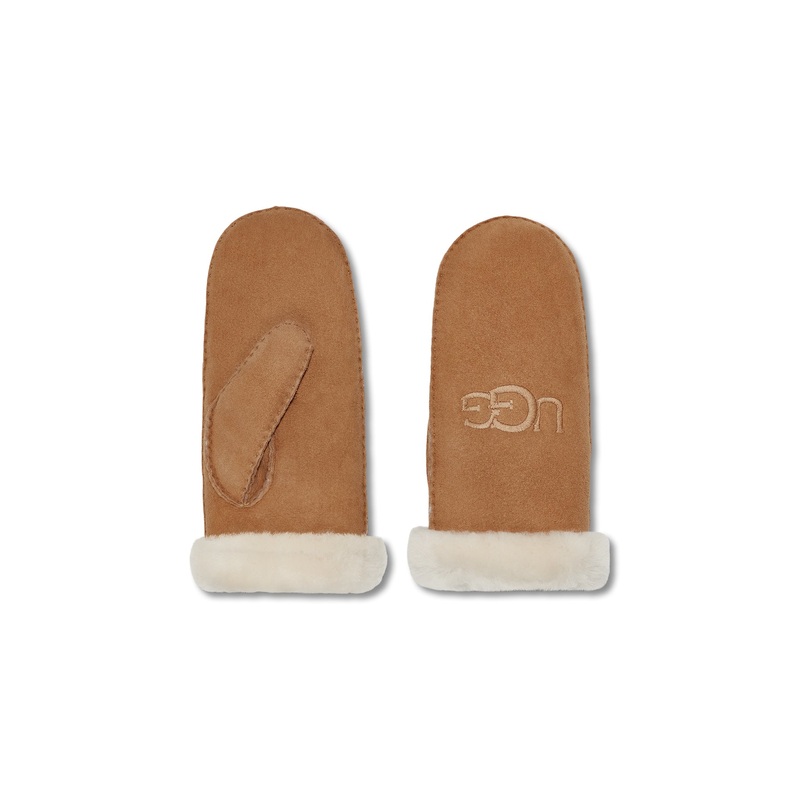 Sheepskin Embroidered Logo Mittens Chestnut