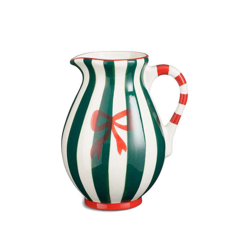 Green Striped Porcelain Jug with Red Bow Detail