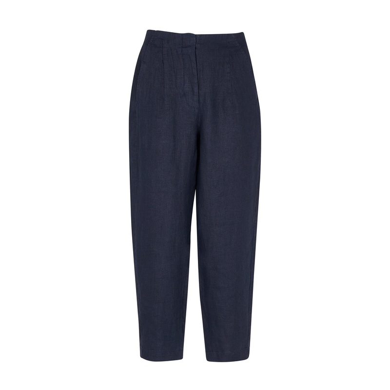 Navy Linen Barrel Leg Trouser