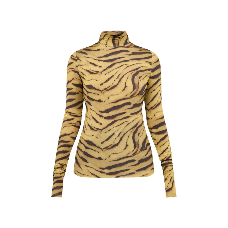 Printed Shiny Jersey Turtleneck Khaki