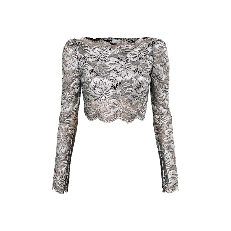 Haut Stretch Lace Top Off Shoulder Black Silver