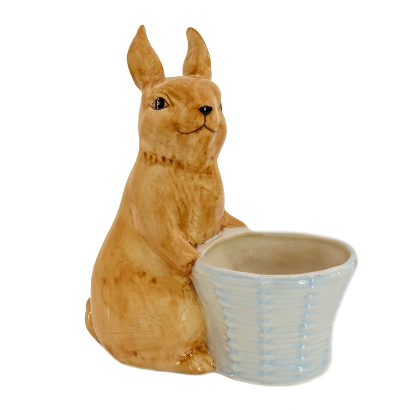 11 in. Ceramic Bunny with Basket Table Decoration