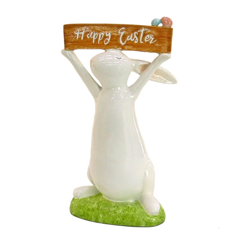 11 in. Easter Bunny Figure Holding "Happy Easter" Sign Table Decoration