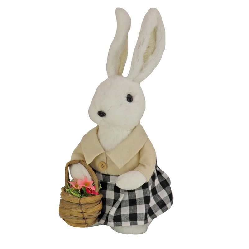 12 in. Fluffy Female Bunny Holding Flower Basket Table Decoration
