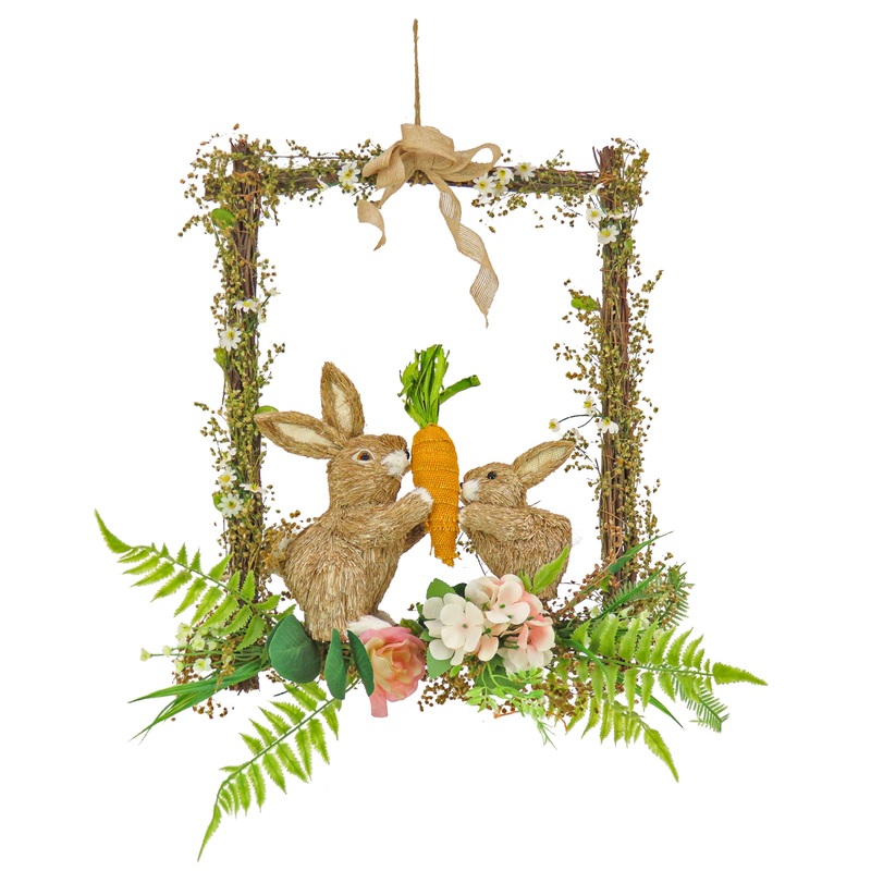 14 in. Easter Bunnies Hanging Wall Decoration Decorated with Two Bunnies, Carrots, Flower Blooms, Leafy Greens