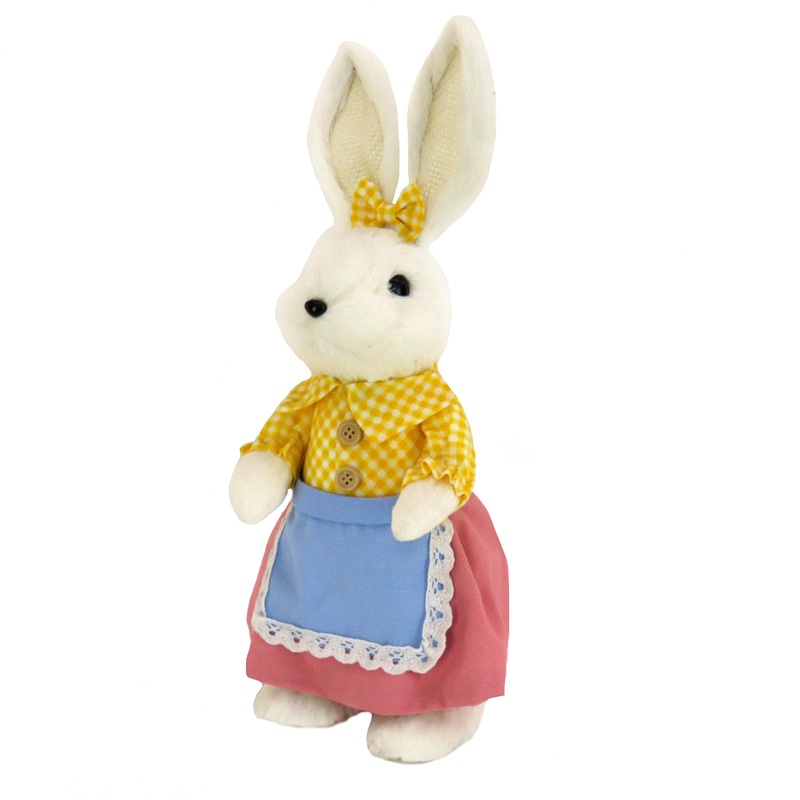 14 in. Fluffy Female Bunny with Yellow, Pink & Blue Dress Table Decoration