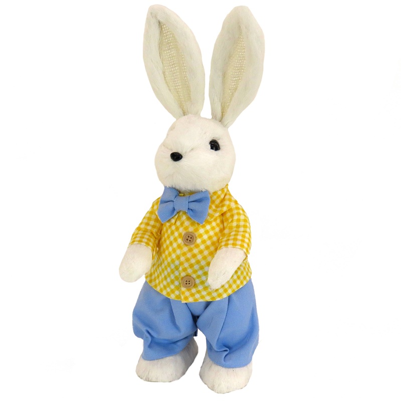 14 in. Fluffy Male Easter Bunny with Yellow & Blue Suit Table Decoration