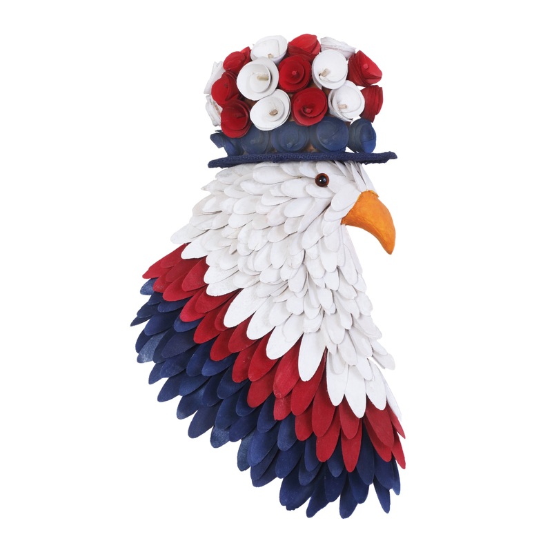 14 in. Patriotic Hanging Eagle Decoration with Red White and Blue Wood Cuts and Flower Blooms
