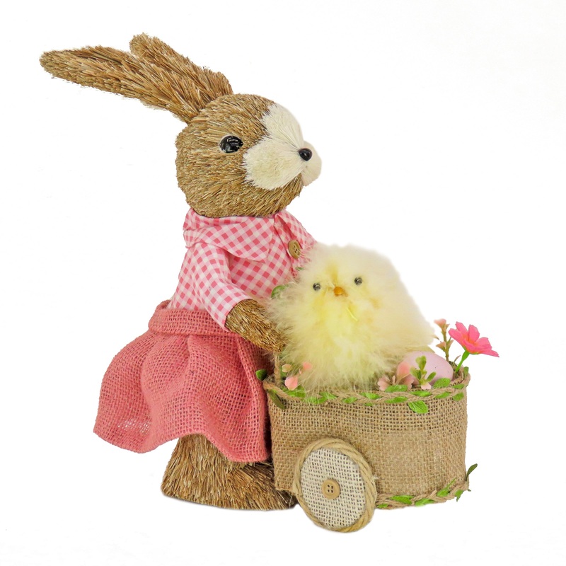 14 in. Pink Easter Bunny Pushing Wheelbarrow Table Decoration Decorated with Pastel Eggs and Chick