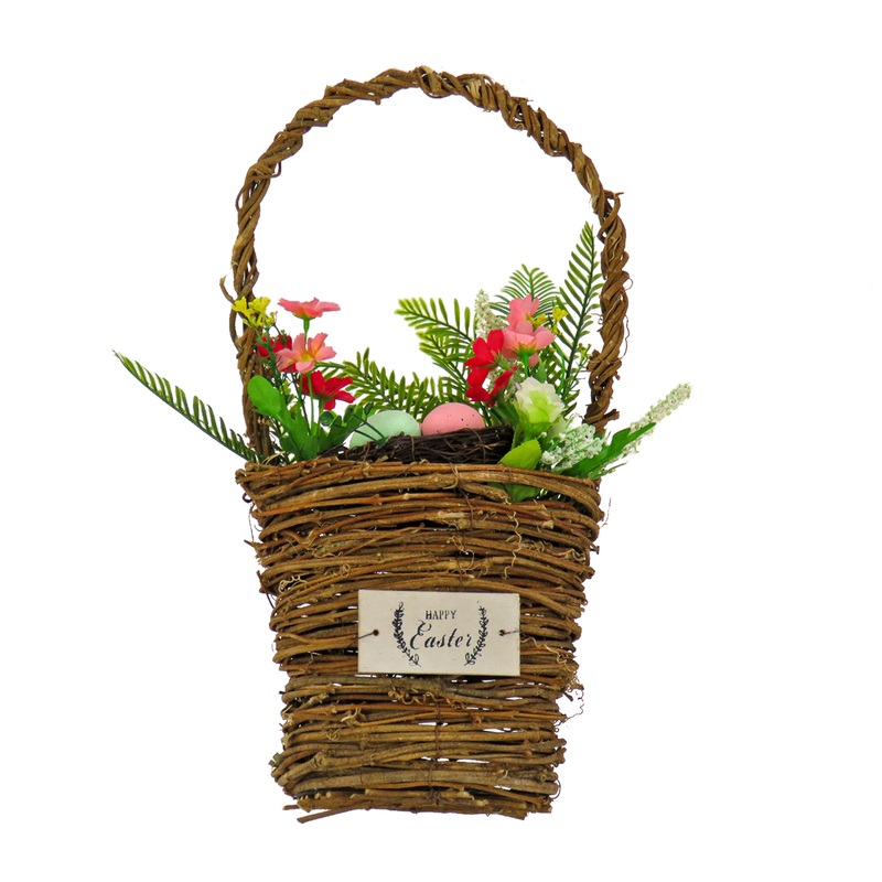 15 in. Easter Woven Basket Decorated with Colorful  Flower Blooms and Leafy Greens