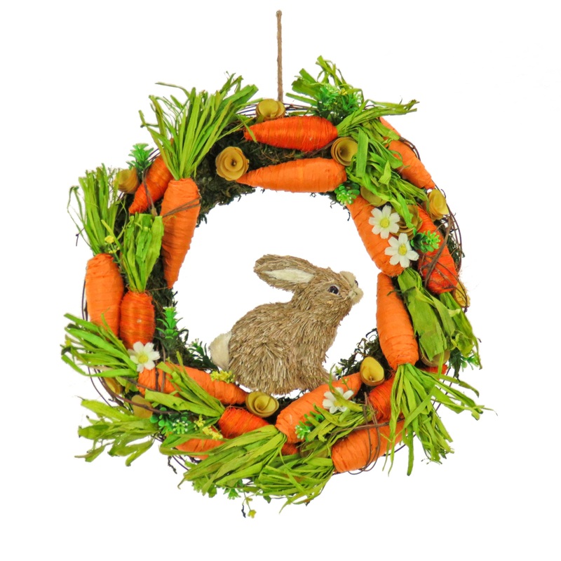 15 in. Easter Wreath Decorated with Bunny, Carrots, Flower Blooms