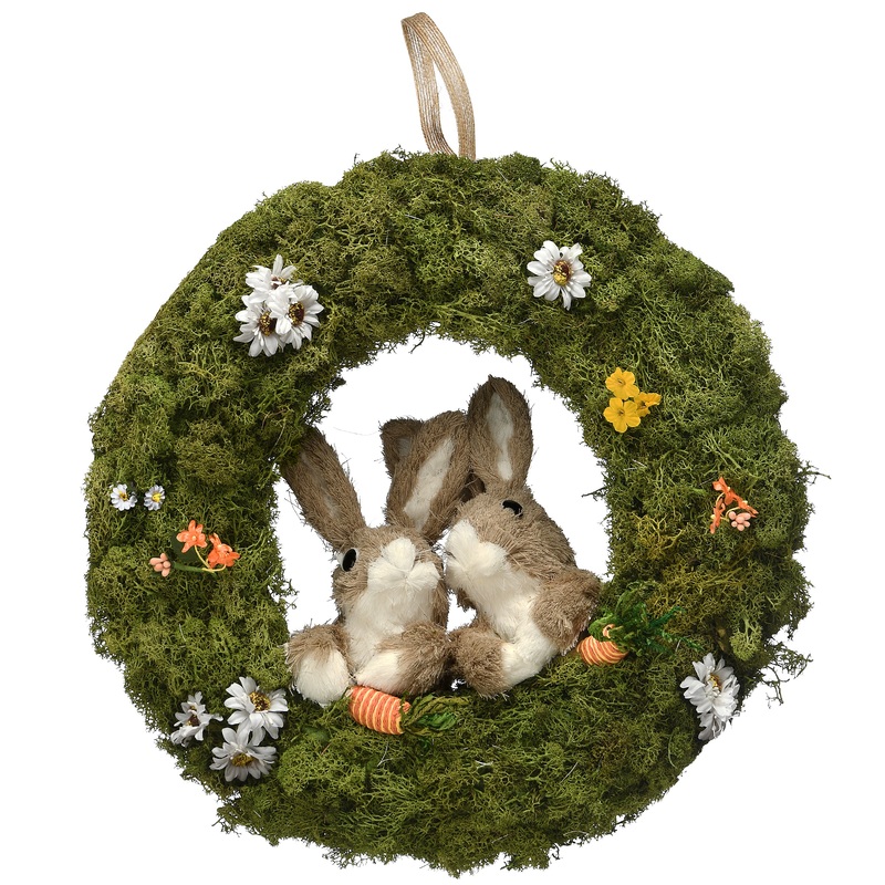 15 in. Easter Wreath Decorated with Flower Blooms, Rabbits
