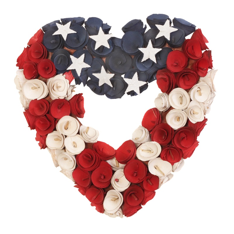 15 in. Patriotic Hanging Heart Wreath with Red, White and Blue Flowers